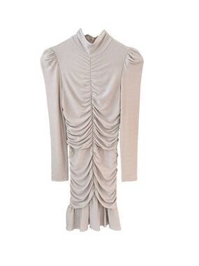 Saylor Metallic Ruched Mock Neck Mini Dress Champagne Shimmer XS